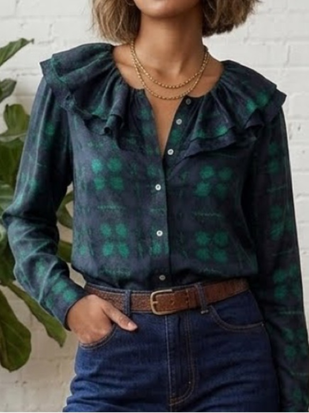 J.Crew Collection Silk Twill Ruffle Collar Plaid Blouse Top Dark Spruce Green